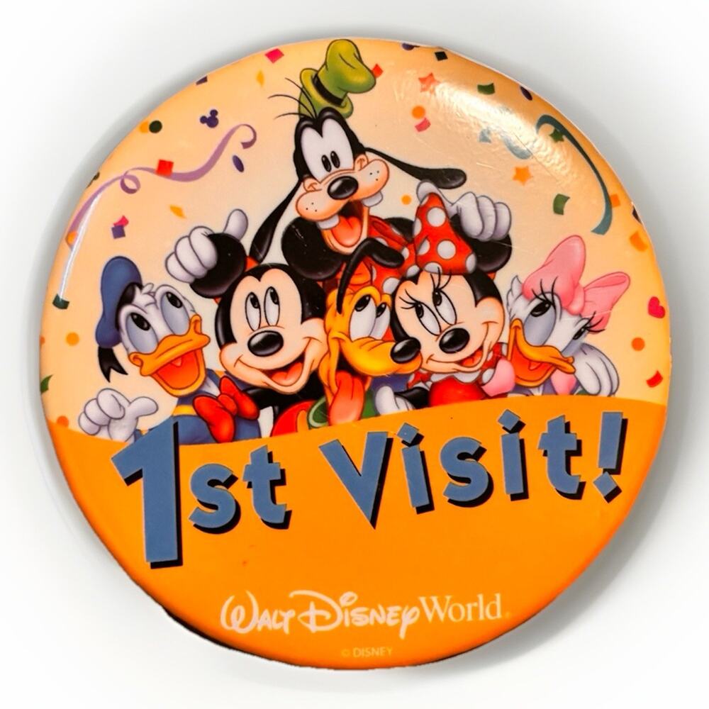 Disney World 1st Visit Button Pin Mickey Goofy Donald Minnie